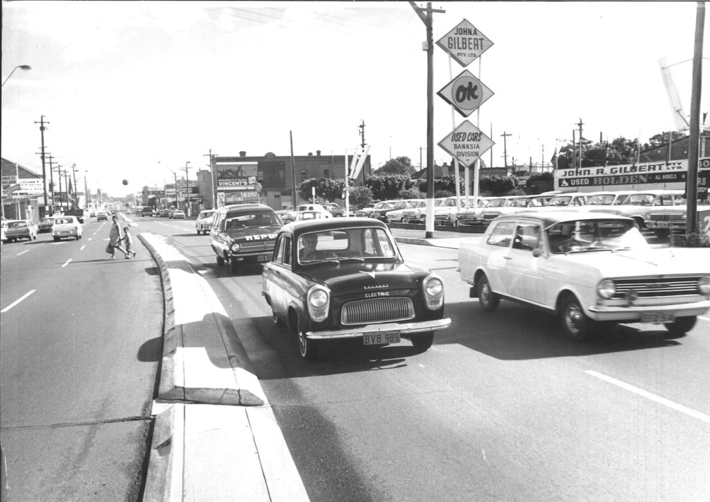 Roy Doring at the wheel of his electric Ford Prefect on Parramatta Road in the late 1960s